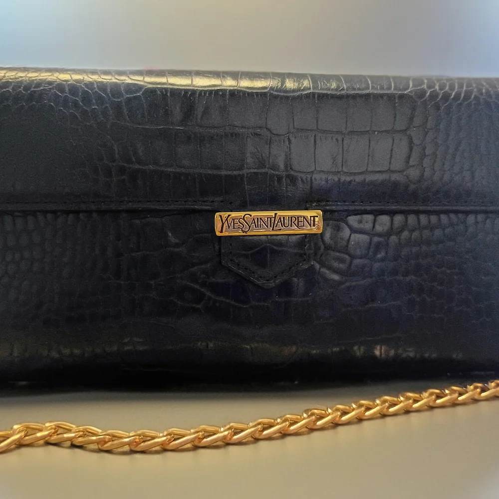 Vintage Yves Saint Laurent Croc Embossed Convertible Wallet Clutch w/ Gold Chain - Picture 6 of 14